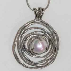 Vintage Sterling Silver Oxidized Nest Pendant with Baroque Pearl